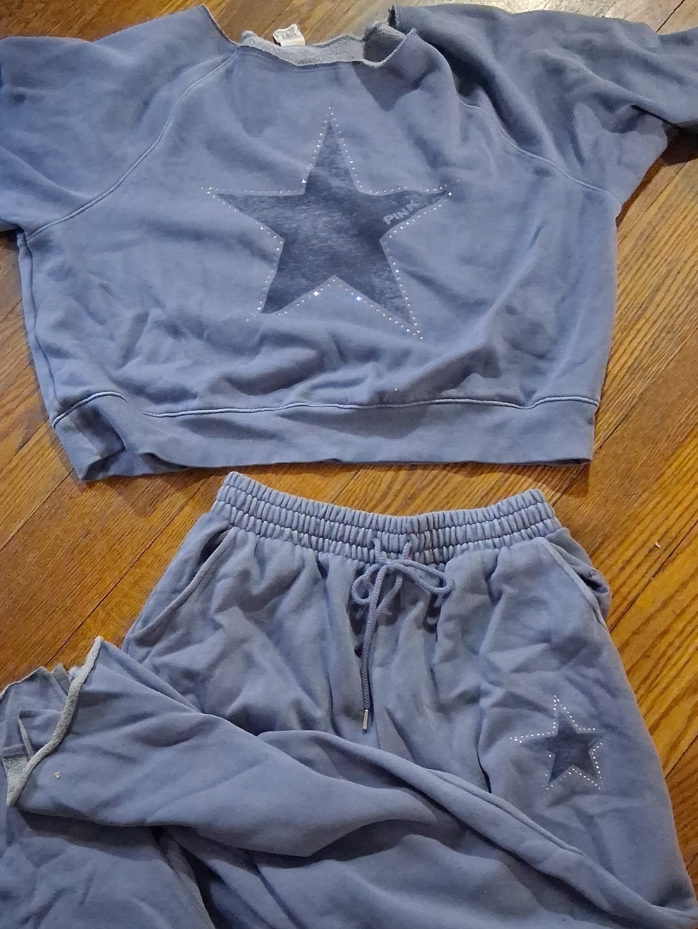 PINK Victoria's Secret Dusty Blue Star Off Shoulder Sweatshirt & Flared Set